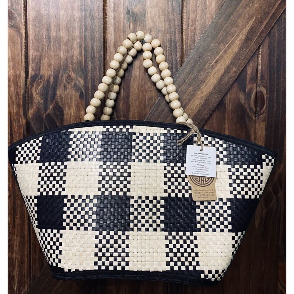 Checkered Beach Shop Tote Purse Bag with Beaded Handles Cream Black Checkered #1